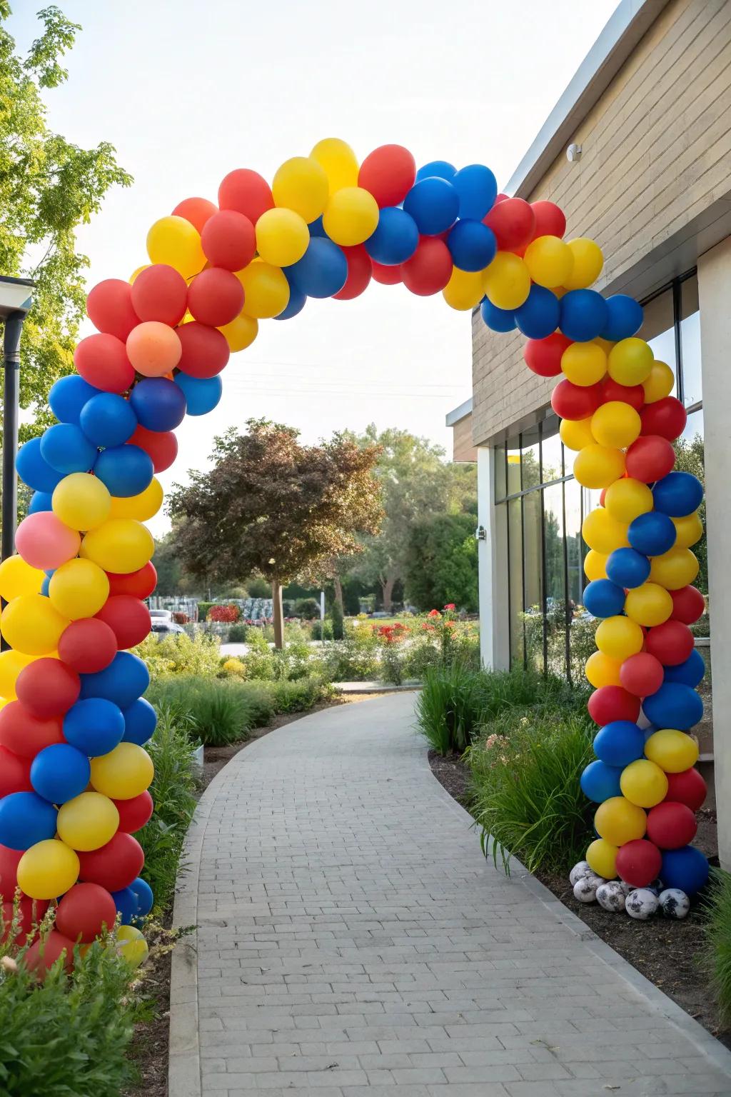 A playful balloon arch greets attendees with lively shades.