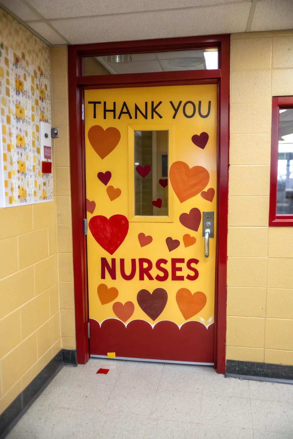 A school nurse door decked out with hearts and a sincere 'Nurses: We Appreciate You' message.
