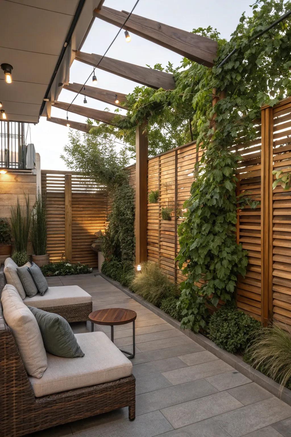 A serene patio featuring a wooden screen wall, optimized for privacy and relaxation.
