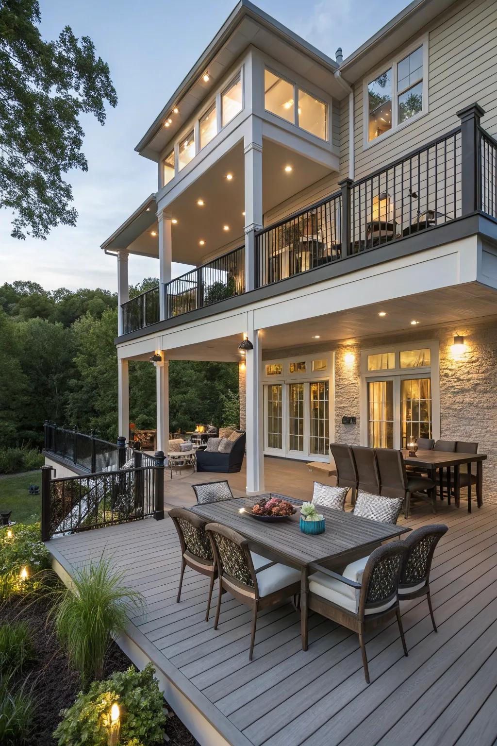 A multi-tiered deck providing separate areas for diverse activities, boosting both style and function.
