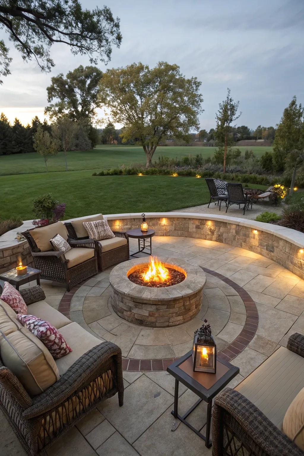 A semi-circle patio featuring a central fire feature creates an attractive space for gatherings.