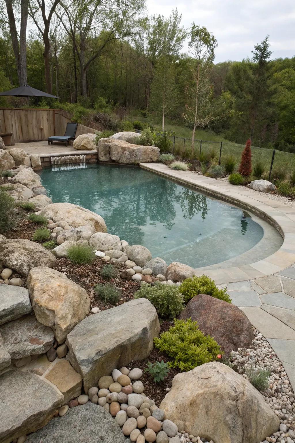 A semi inground pool beautifully enhanced by an adjacent stone garden.