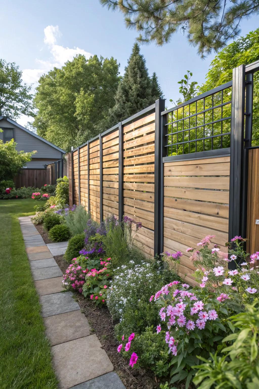 An elegant mix of timber and metal crafts a contemporary partially-secluded fence in a pleasant garden environment.