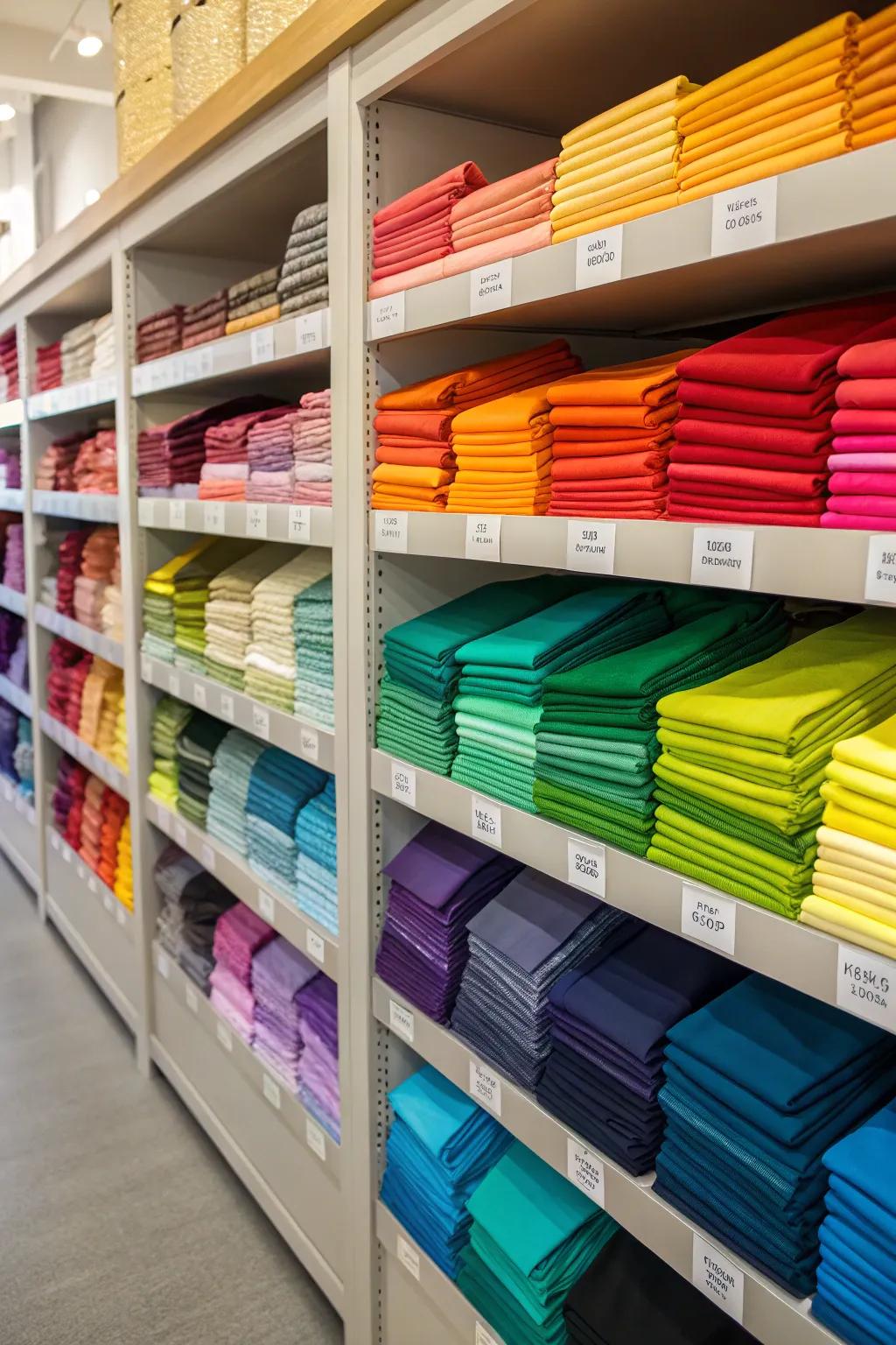 A beautifully arranged, color-coordinated fabric collection brings vibrancy and order.