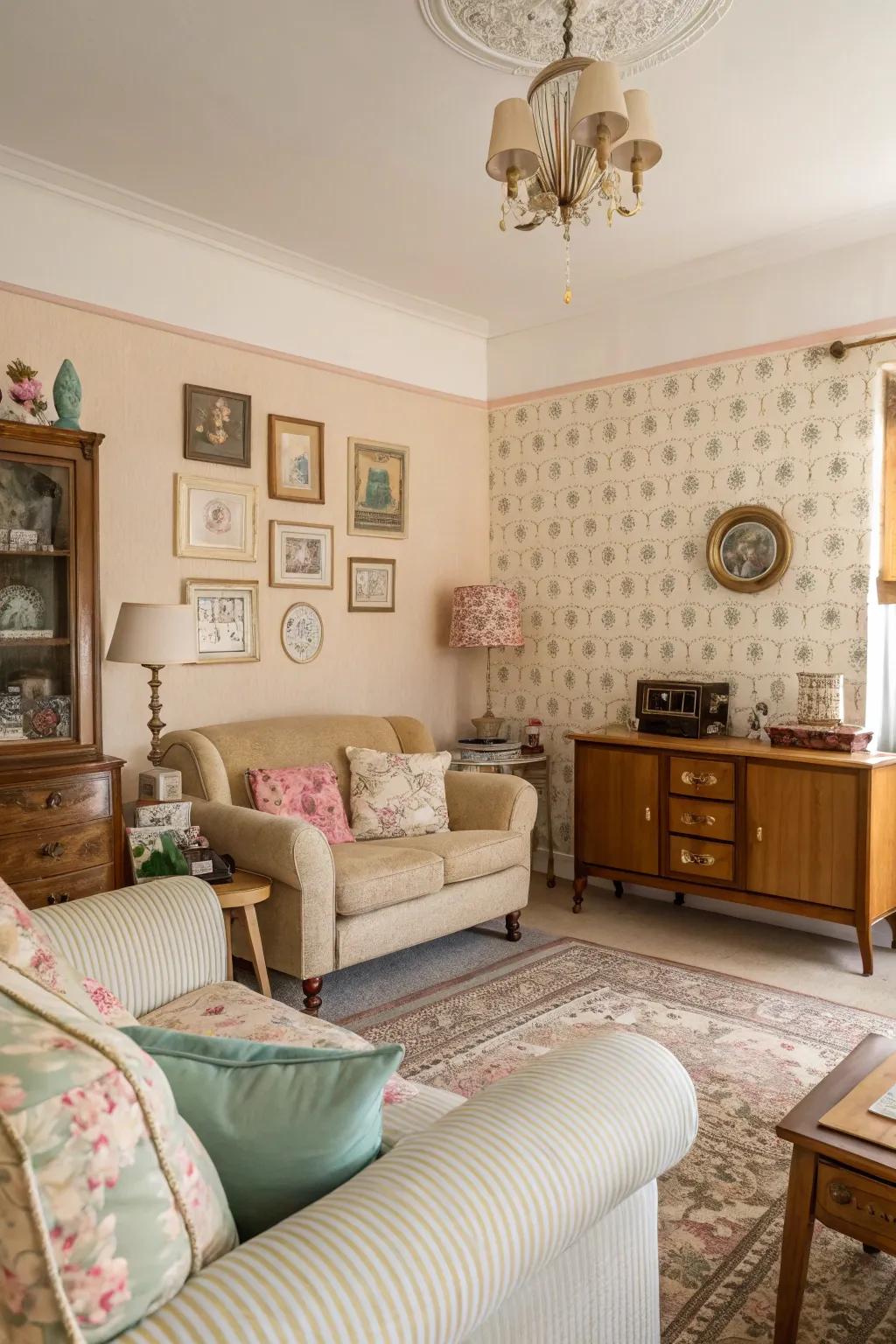 A living room drenched in gentle creams and pastels, crafting a peaceful scene.