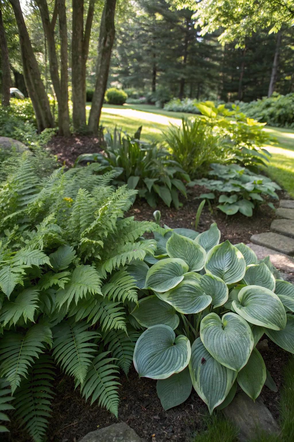 Luxuriant greenery featuring hostas and ferns nestled in a shaded garden bed.