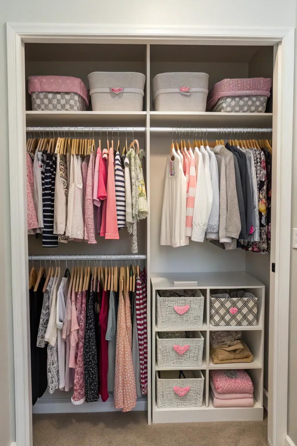 A divided shared closet provides distinct areas for two people.