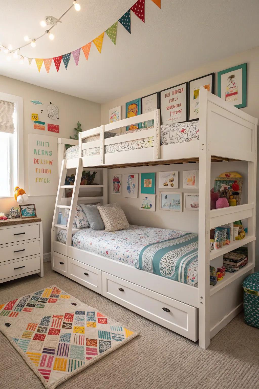 Space-optimized multi-level and pull-out sleepers in a shared bedroom.