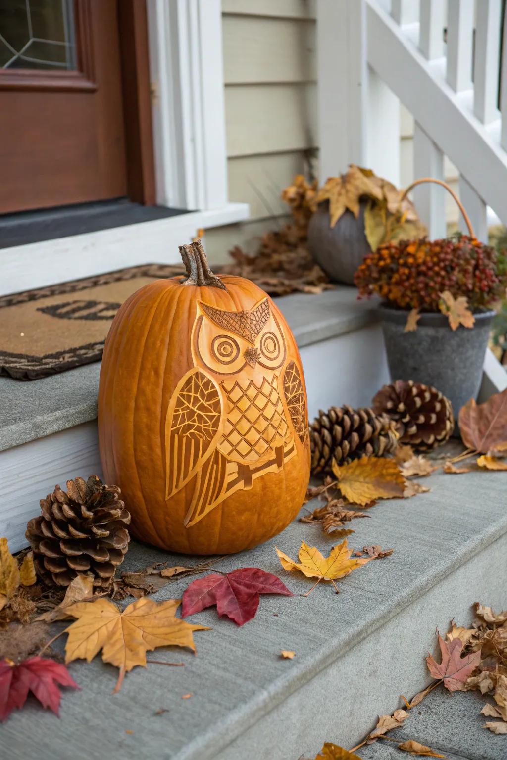 An enchanting owl carved into a pumpkin, ideal for adding a natural touch to your decorations.