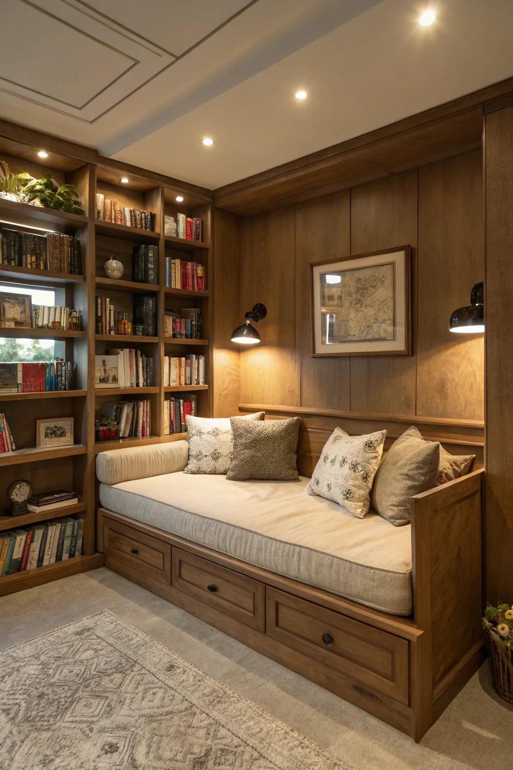 Design an inviting literary corner in your she shed with custom bookshelves and a comfortable daybed.