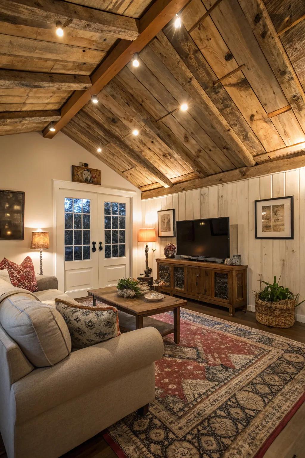 A welcoming living space featuring a captivating wooden shed ceiling.