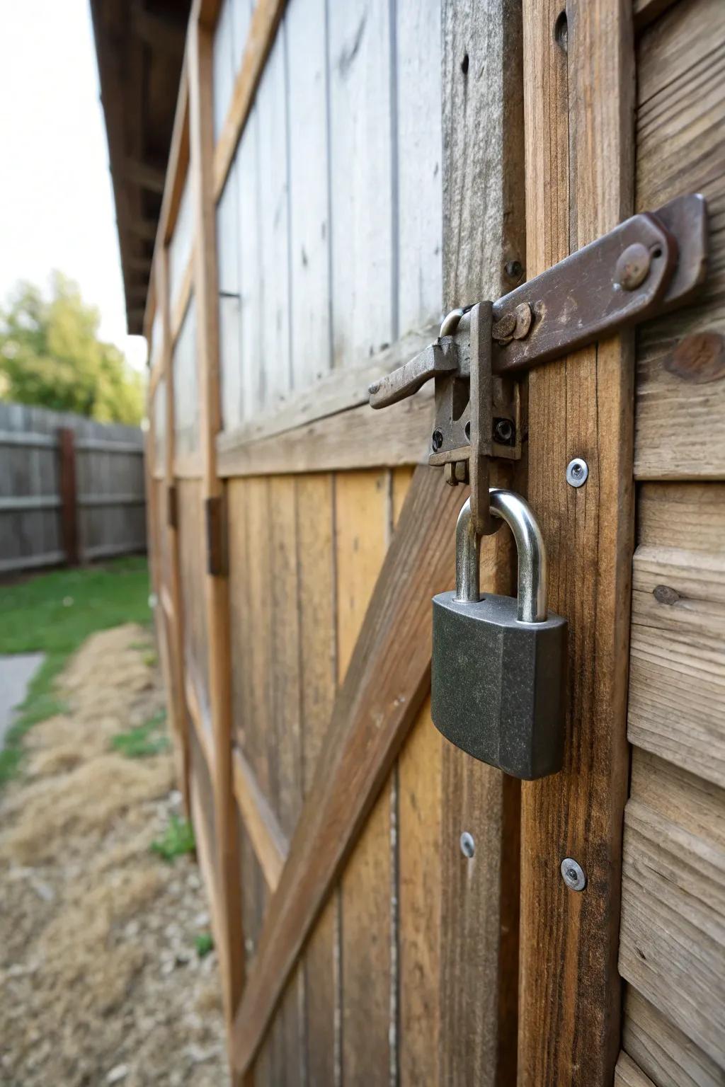 A heavy-duty lock provides security to a wooden shed door, emphasizing protection.