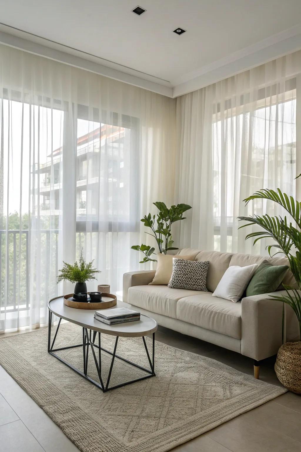 Sheer curtains complement modern decor, creating a harmonious and inviting living room.