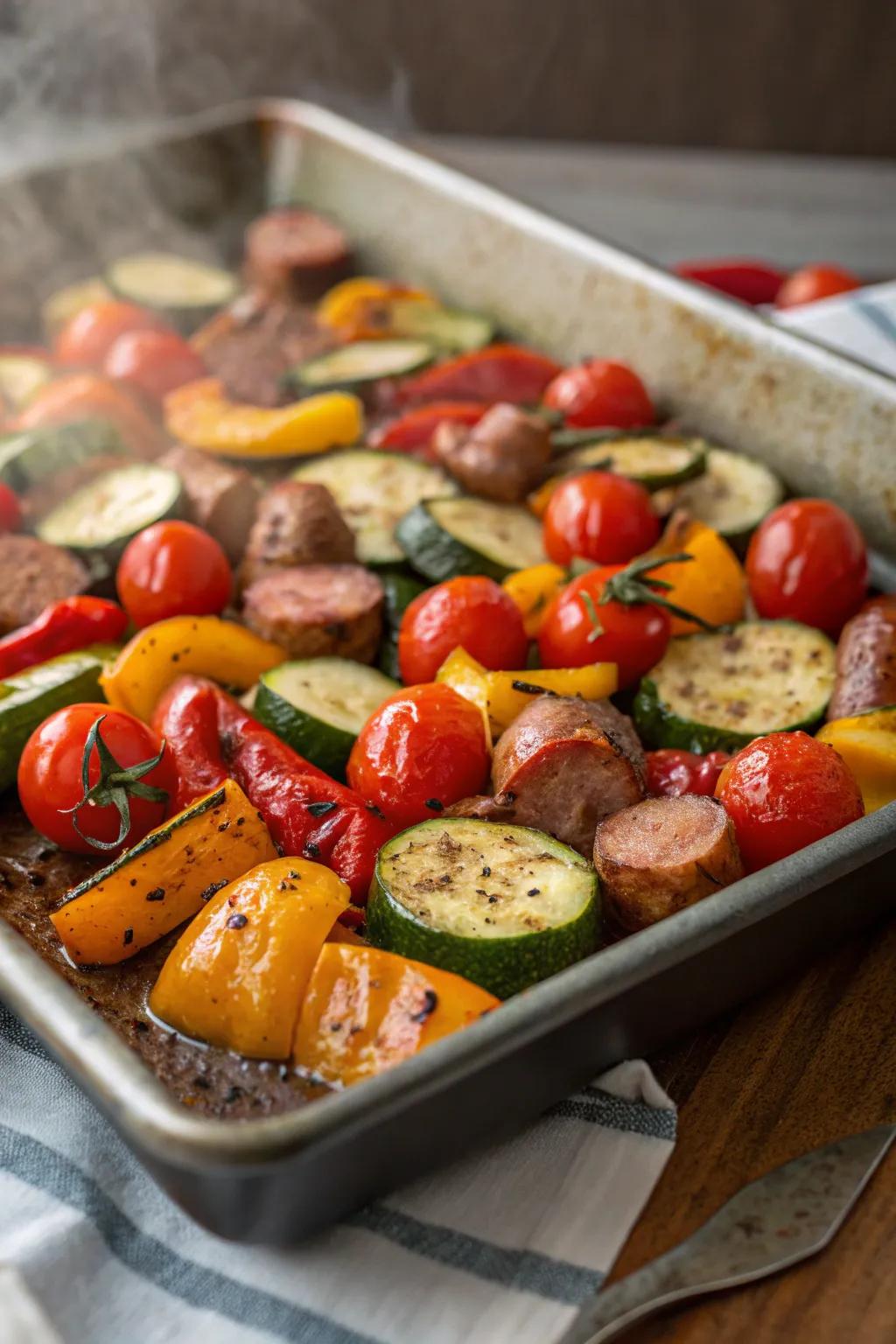 A vibrant medley of roasted vegetables and sausage, ready to be enjoyed.