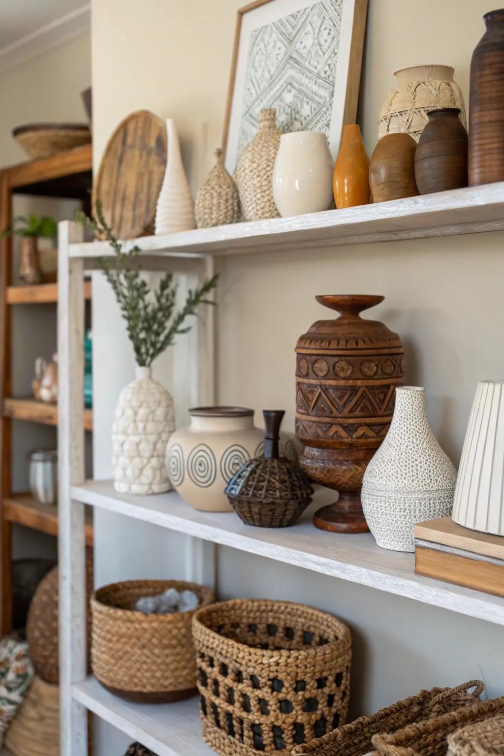 A shelf showcasing a mix of ceramic vases and wooden sculptures for added texture.