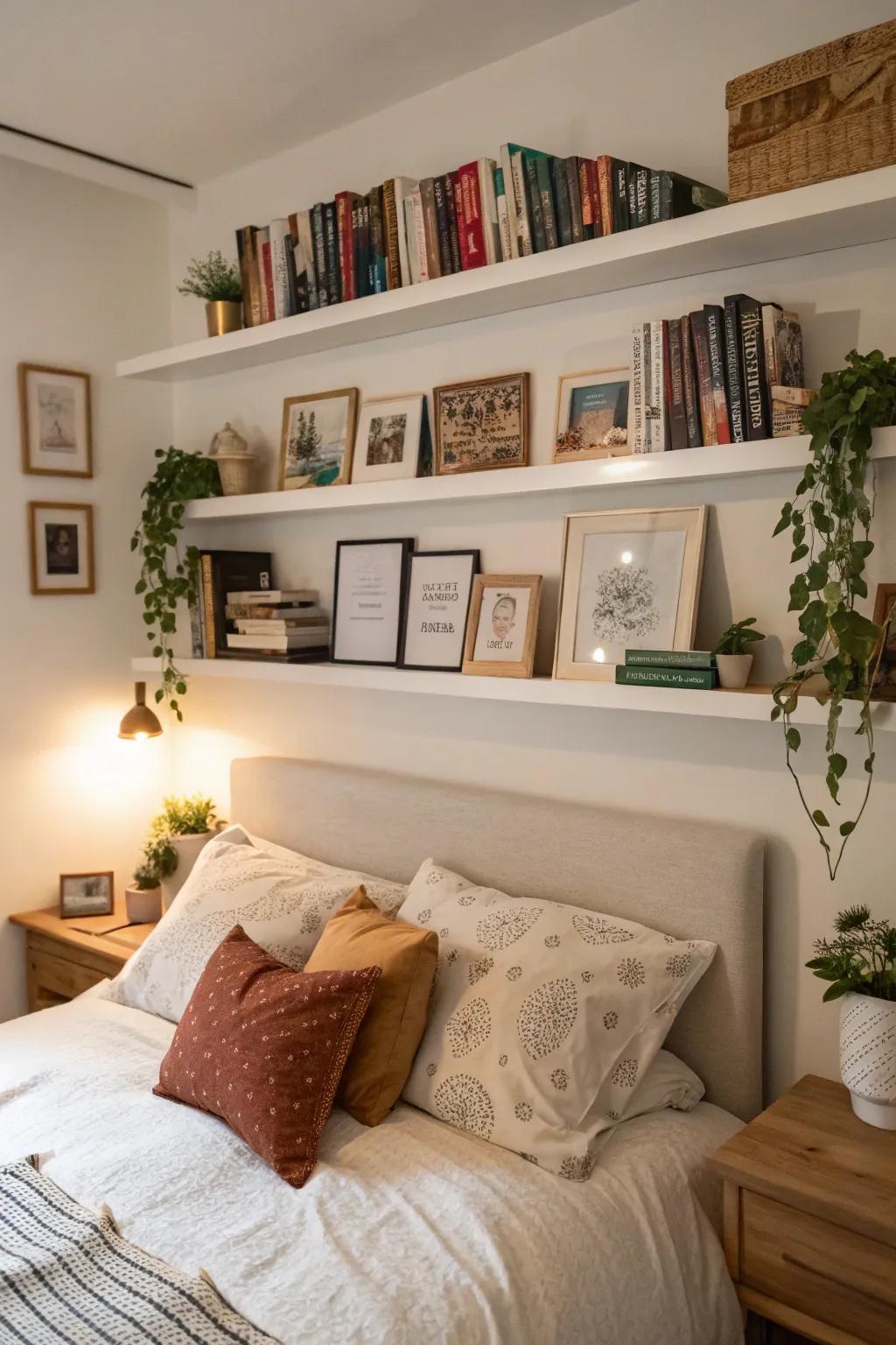 Aerial displays over the bed mean your favorite books and decorations are always within reach.