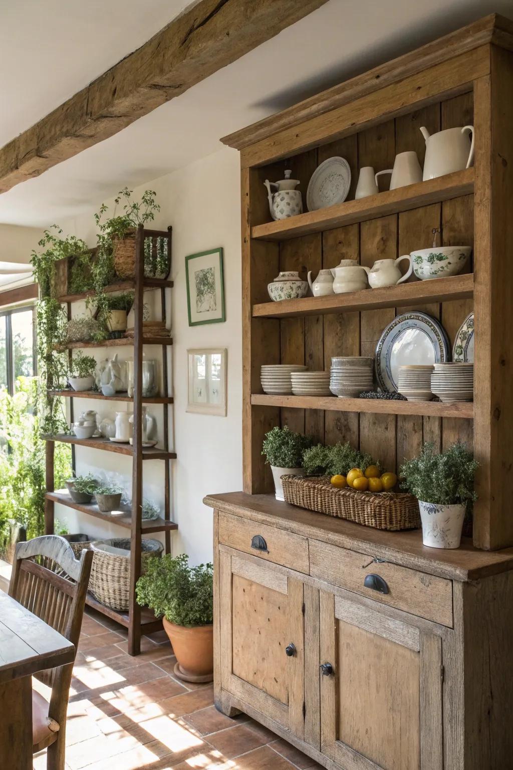 Rustic timber shelves bring a touch of countryside charm to your dining space.