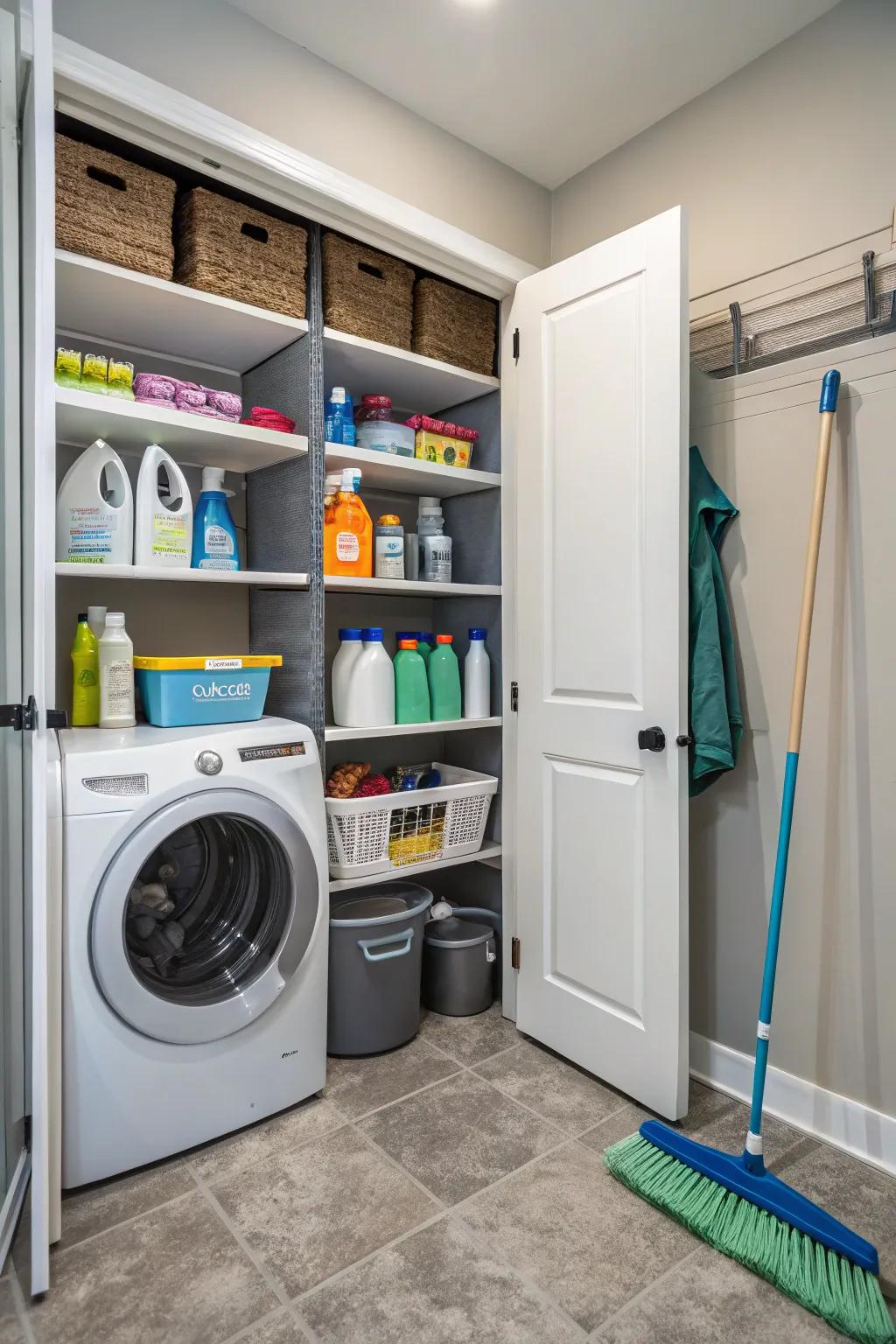 Open shelving in a laundry room, neatly displaying cleaning supplies for quick and easy access.