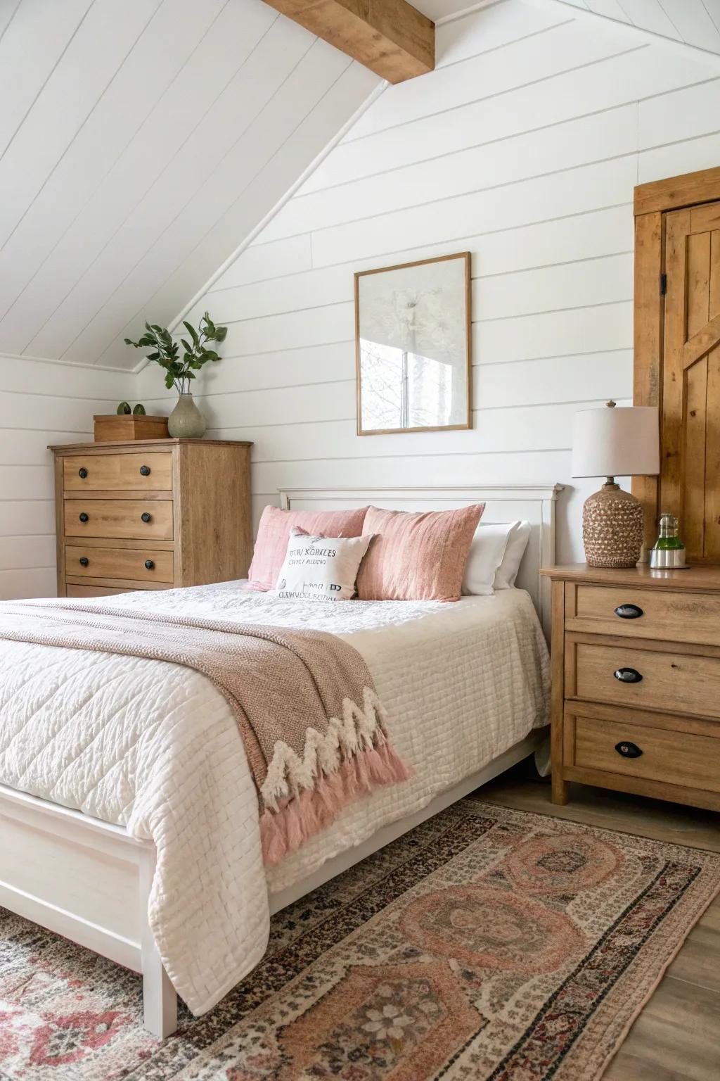 A classic white shiplap accent wall creates a serene bedroom retreat.