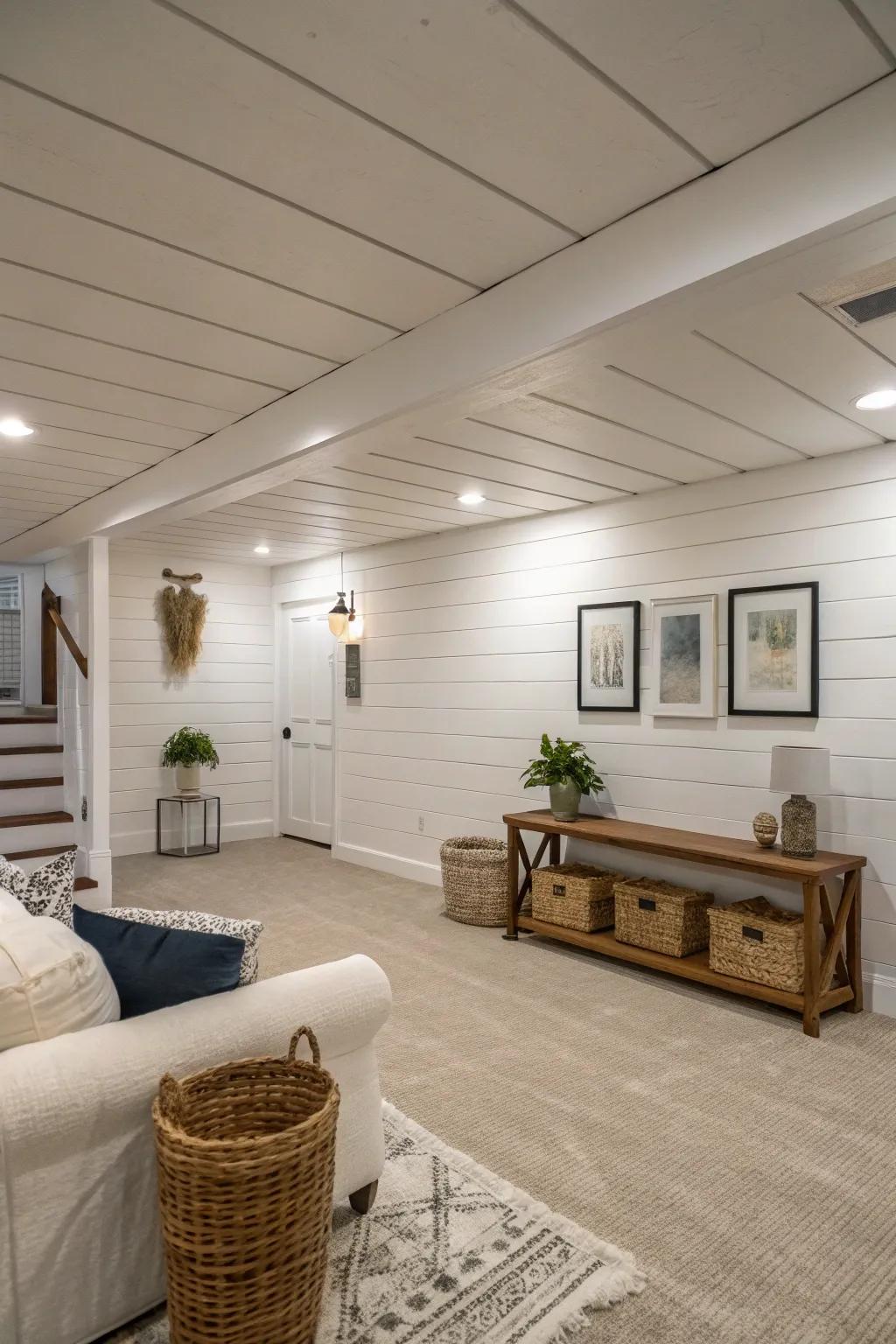 A basement featuring classic white shiplap walls paired with minimalist decor.