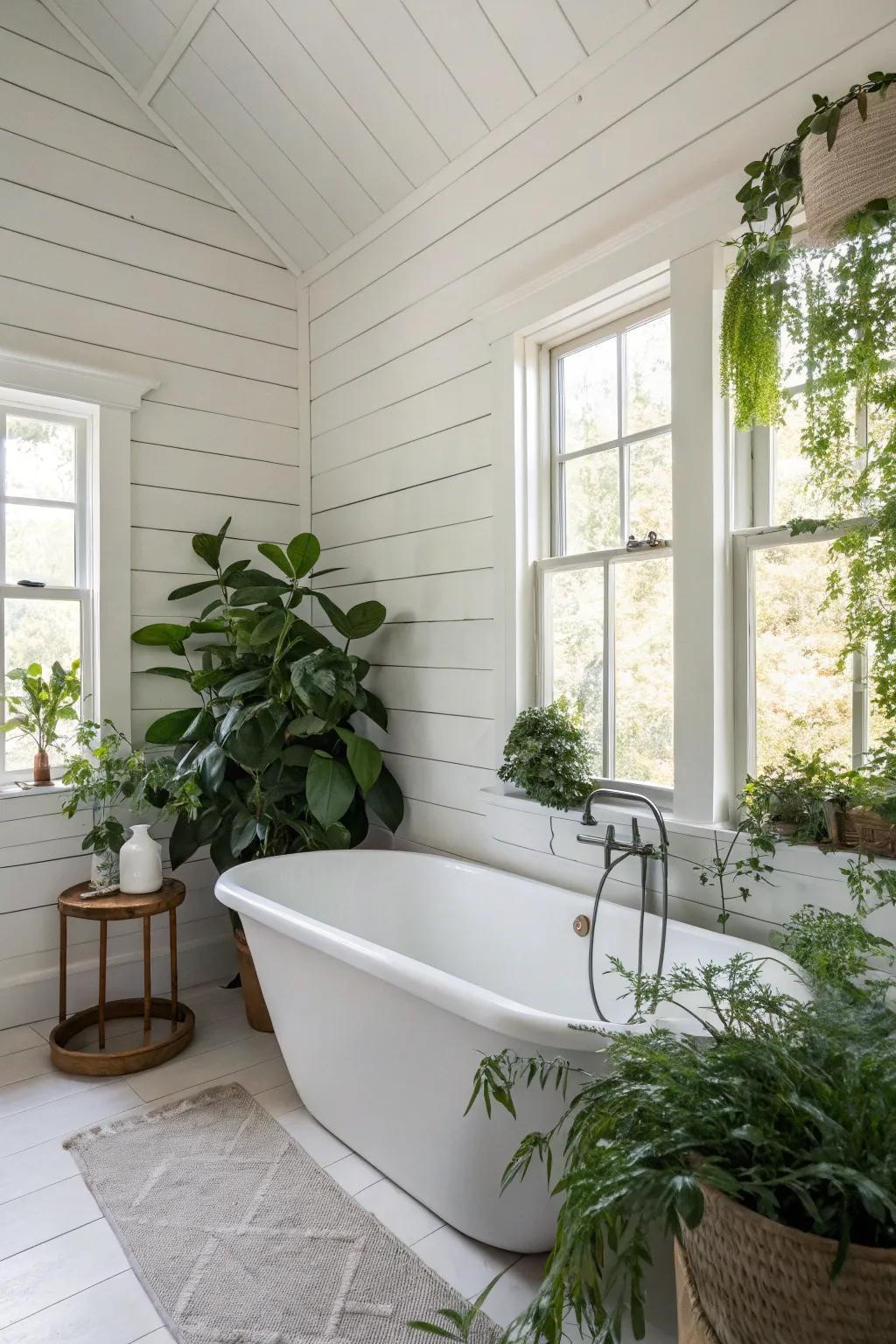 A bathroom showcasing white panel plank walls and a standalone soaking tub.