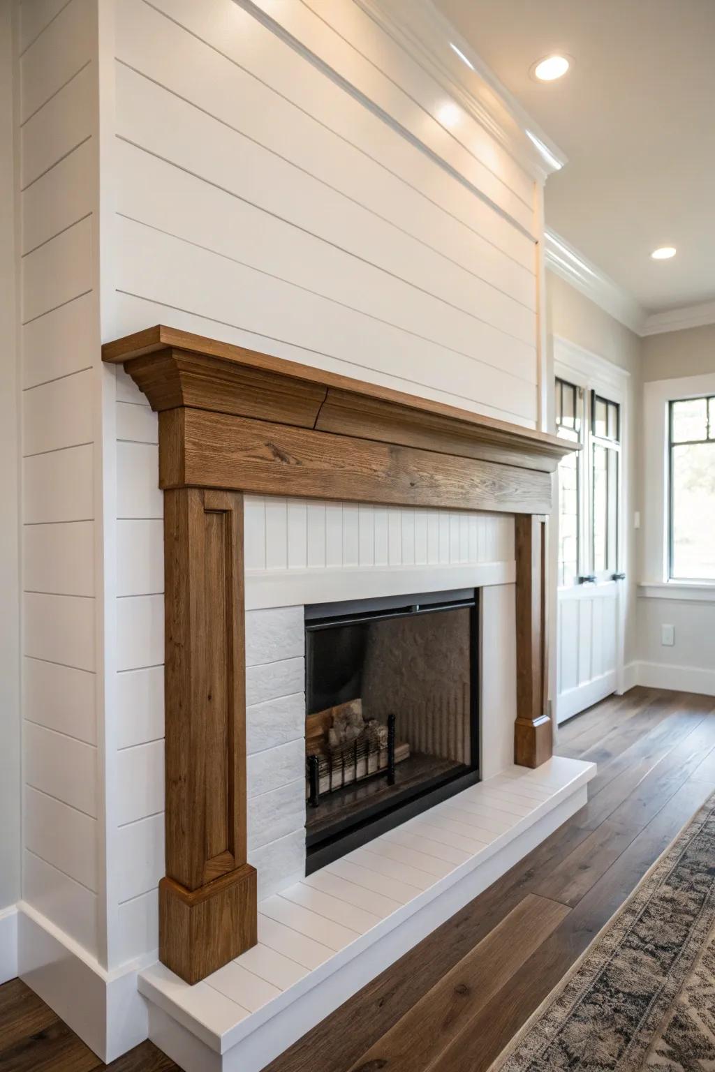 A timeless white shiplap fireplace brings sophistication and brightness to any room.
