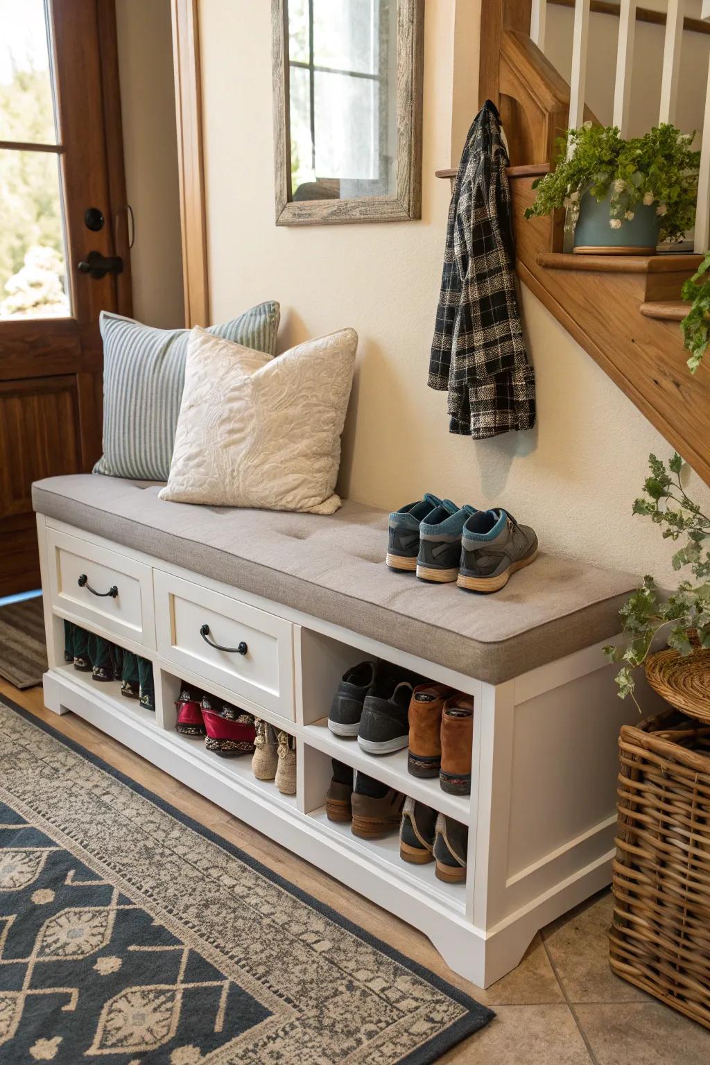 A dual-purpose bench cabinet offering both a place to sit and storage.