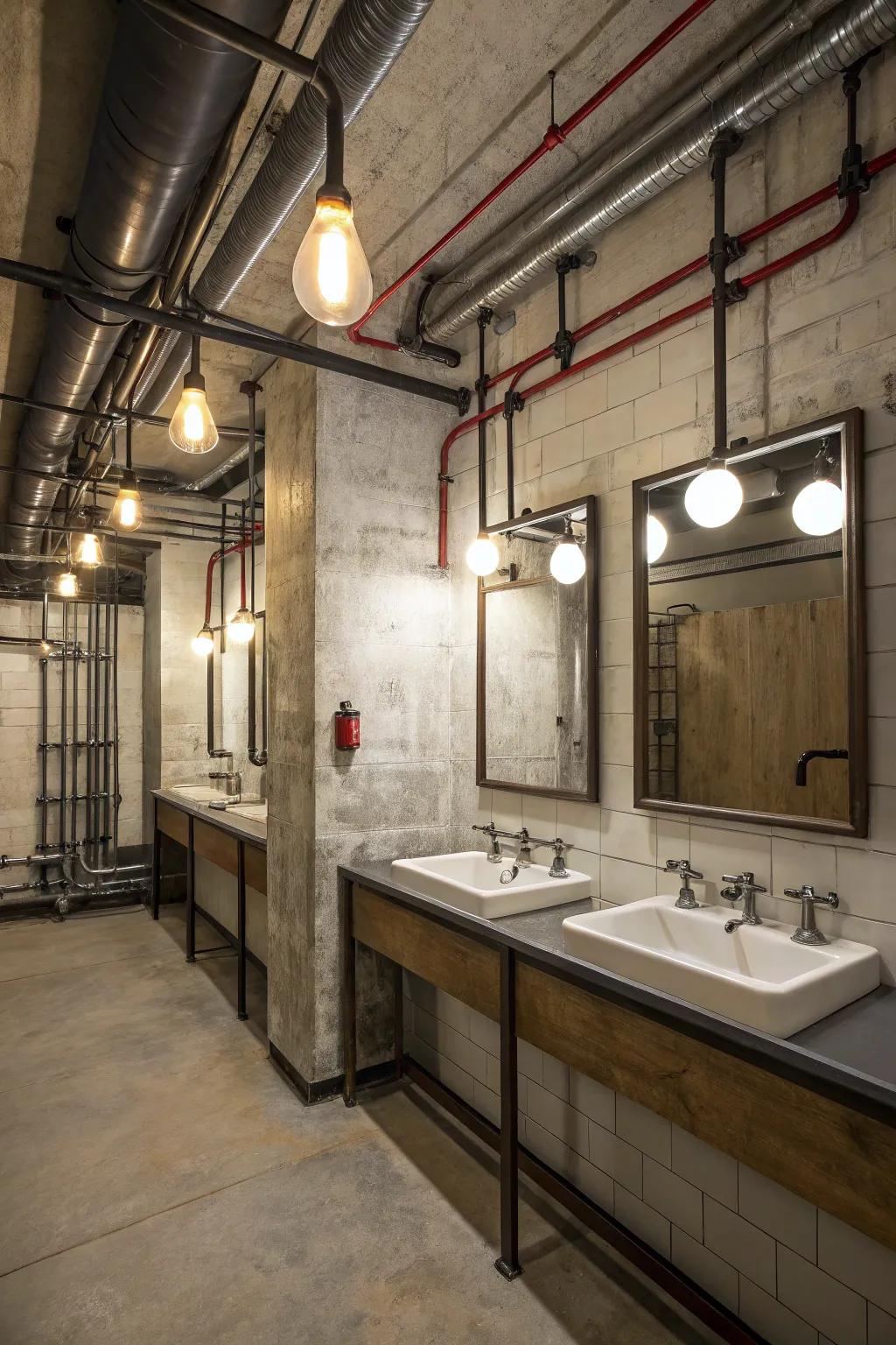 Industrial aesthetic featuring exposed metal pipes and lighting.