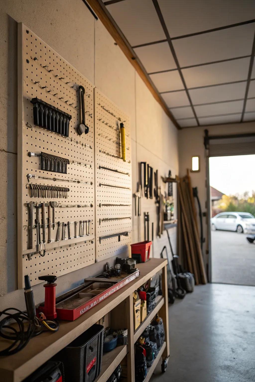 A pegboard wall showcasing a neatly organized collection of tools.