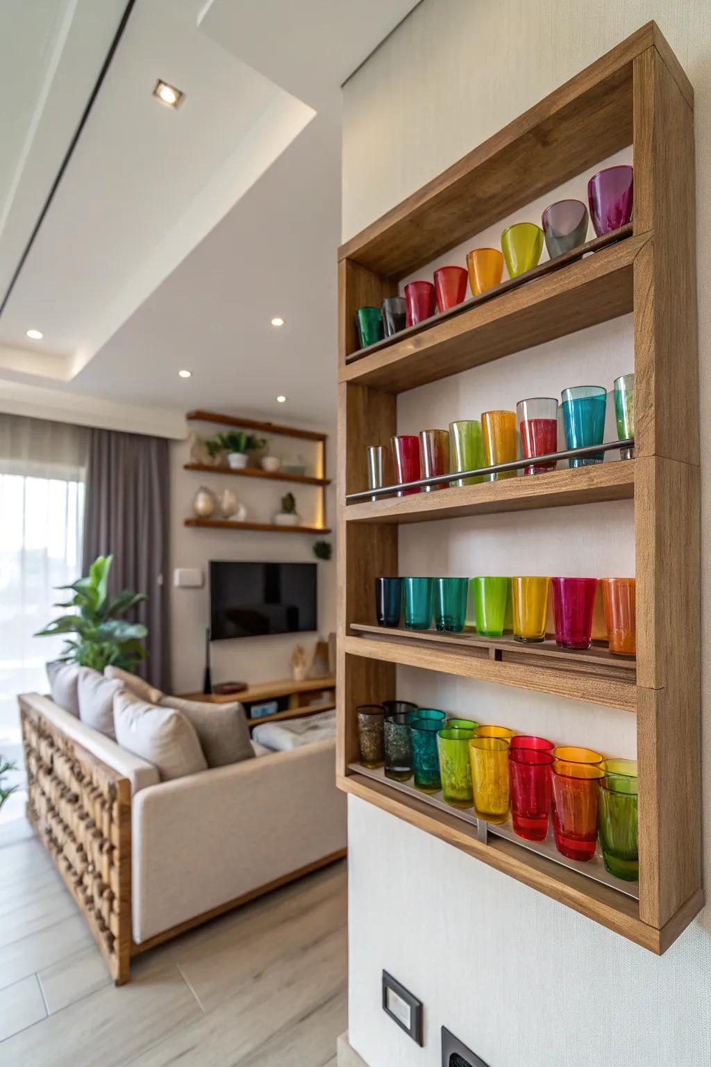 A modern living room featuring a wall-mounted wooden shelf adorned with colorful shot glasses.