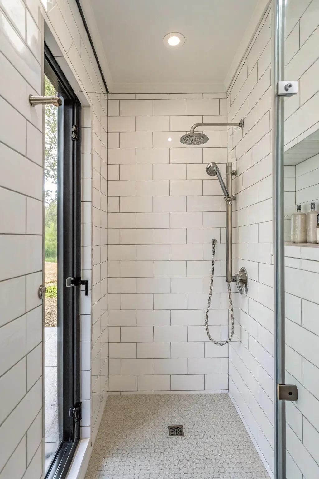 A minimalist shower showcasing sharp lines and white tiles.