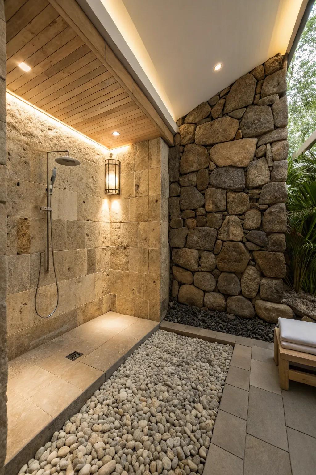 Enjoy a calm, spa-like feel with the natural texture of pebble flooring.