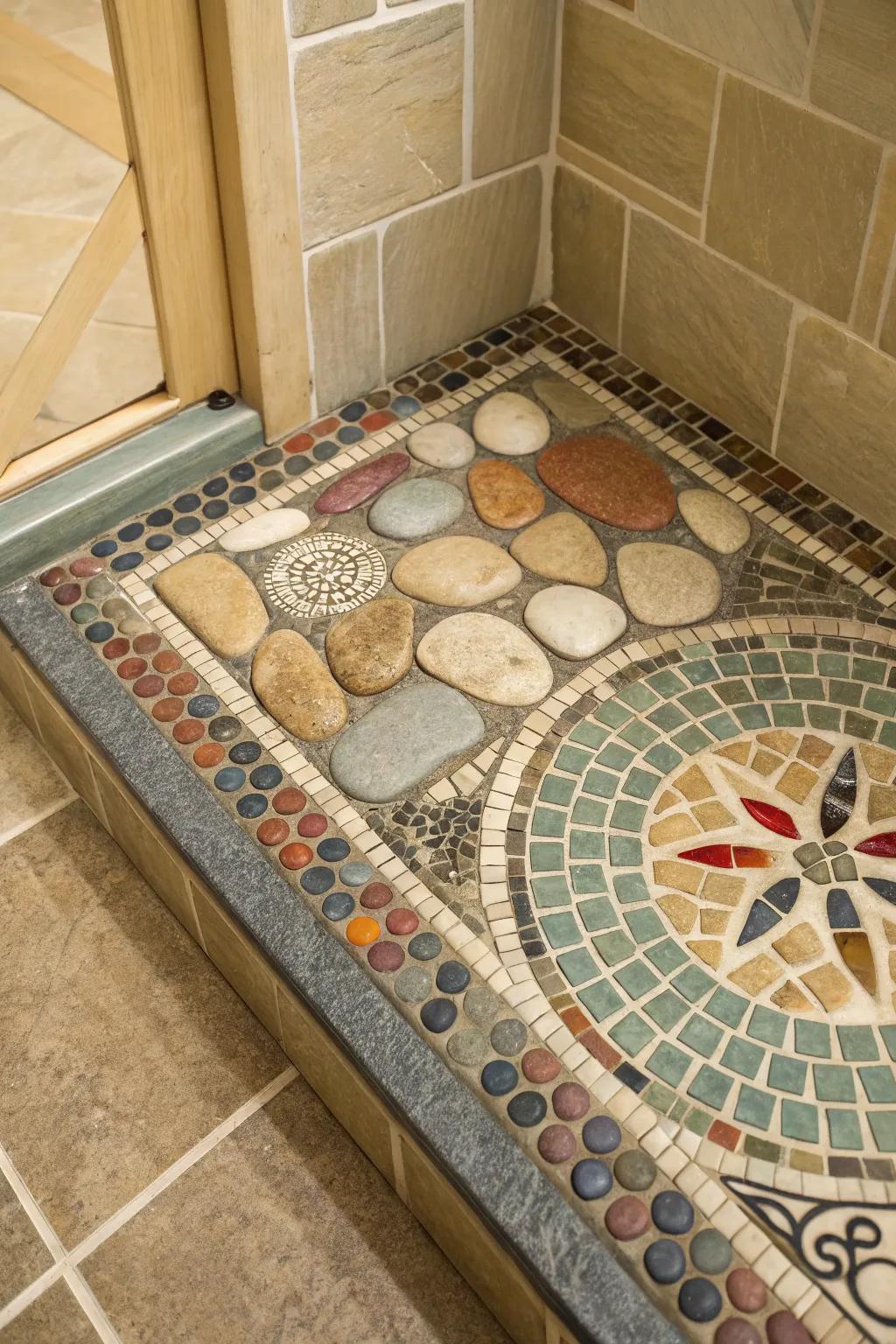 A shower pan featuring a blend of mosaic and pebble tiles, offering a natural and textured aesthetic.