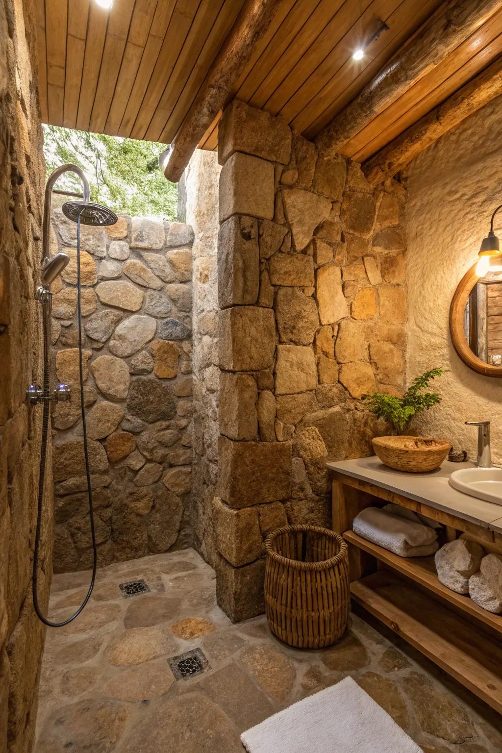 Natural stone walls infuse your shower space with rustic appeal.