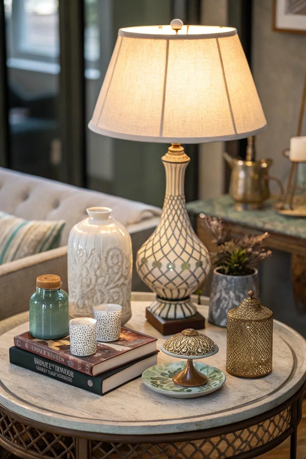 A side table featuring a distinctive table lamp and elegant decor.