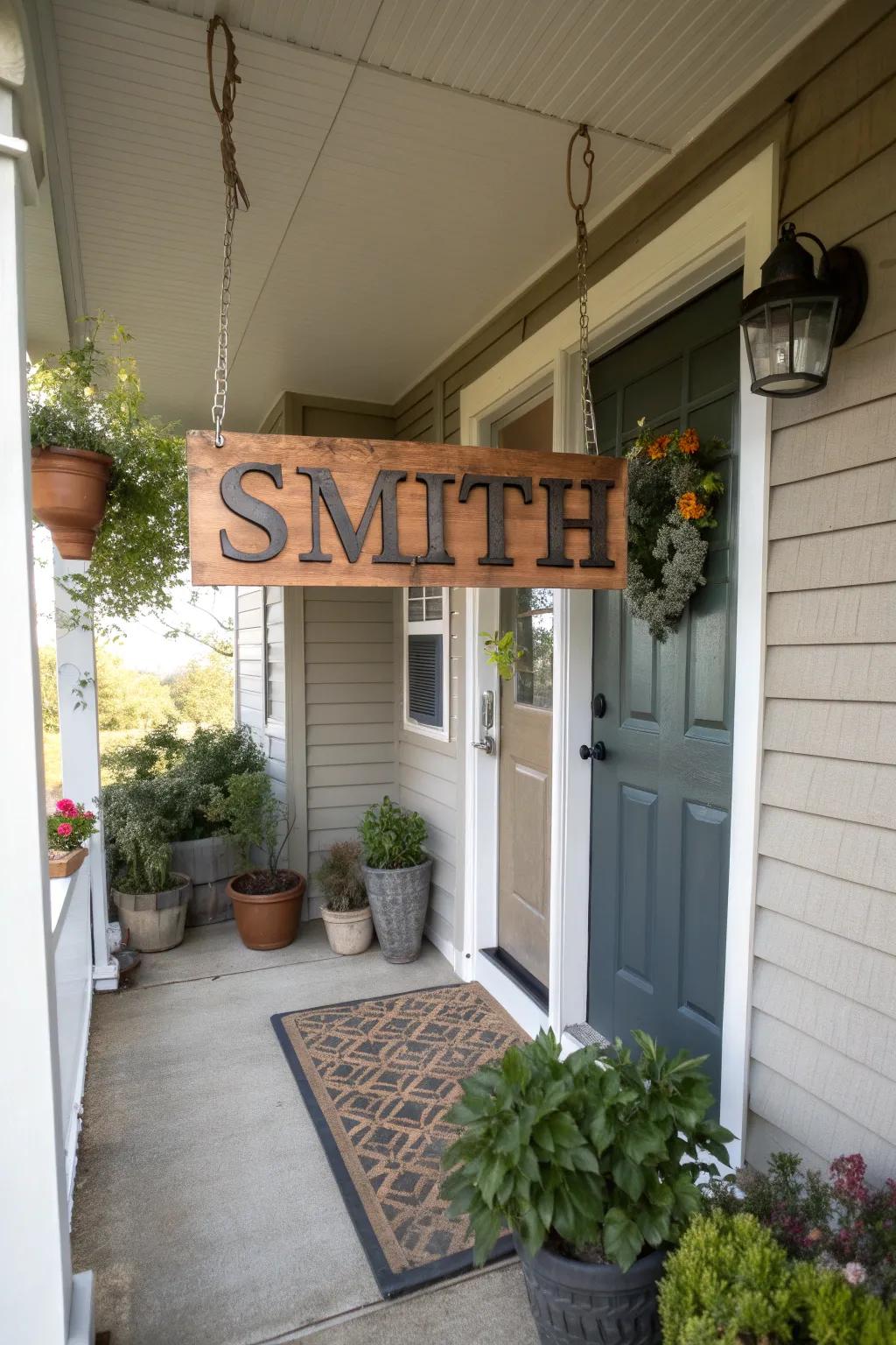 A front porch showcasing a personalized timber kin name plaque beside the door.