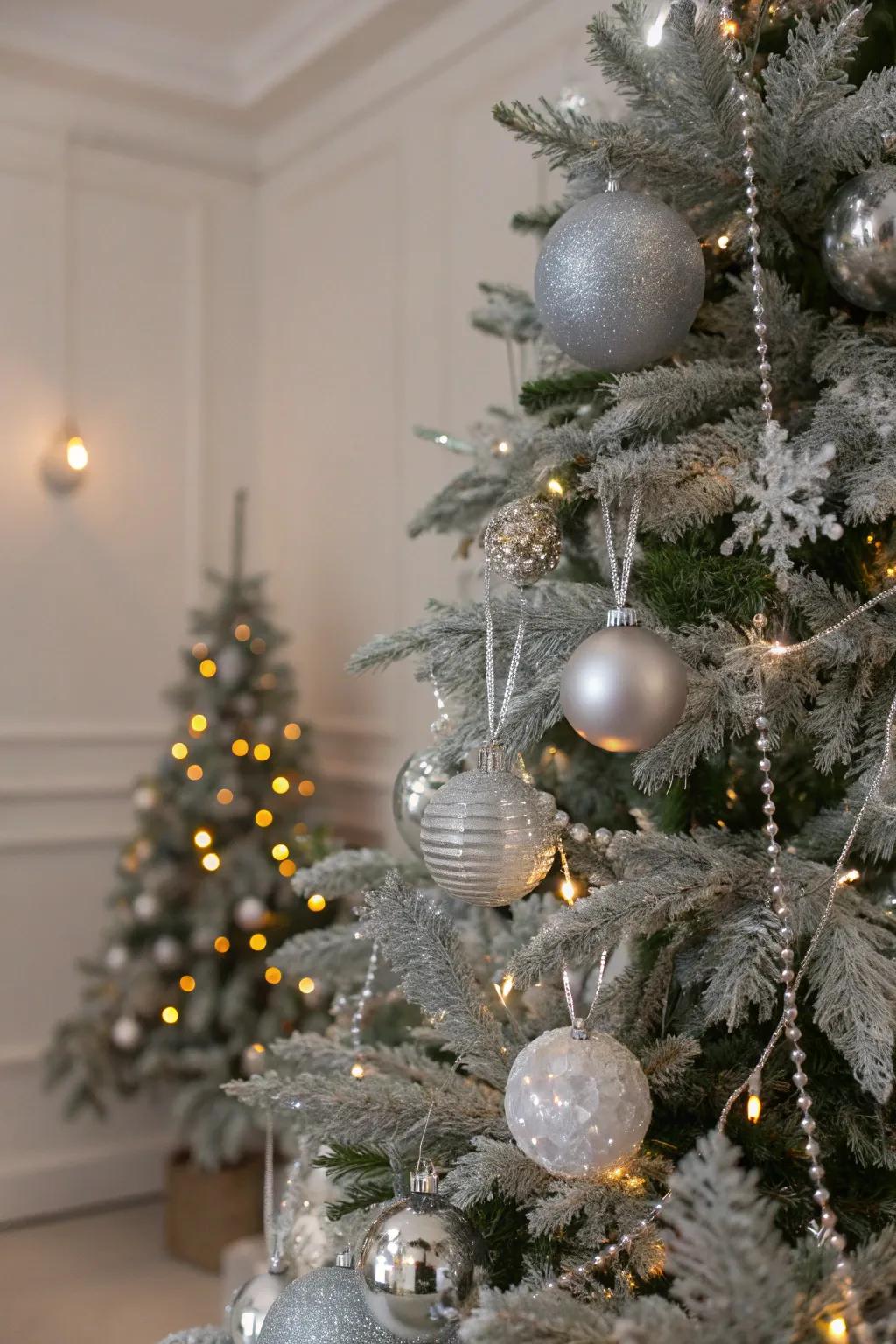A silver Christmas tree serves as the focal point of refined holiday elegance.