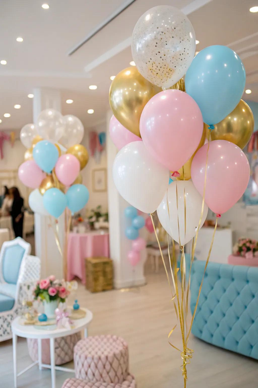 A room filled with vibrant balloons, ideal for welcoming a new baby.