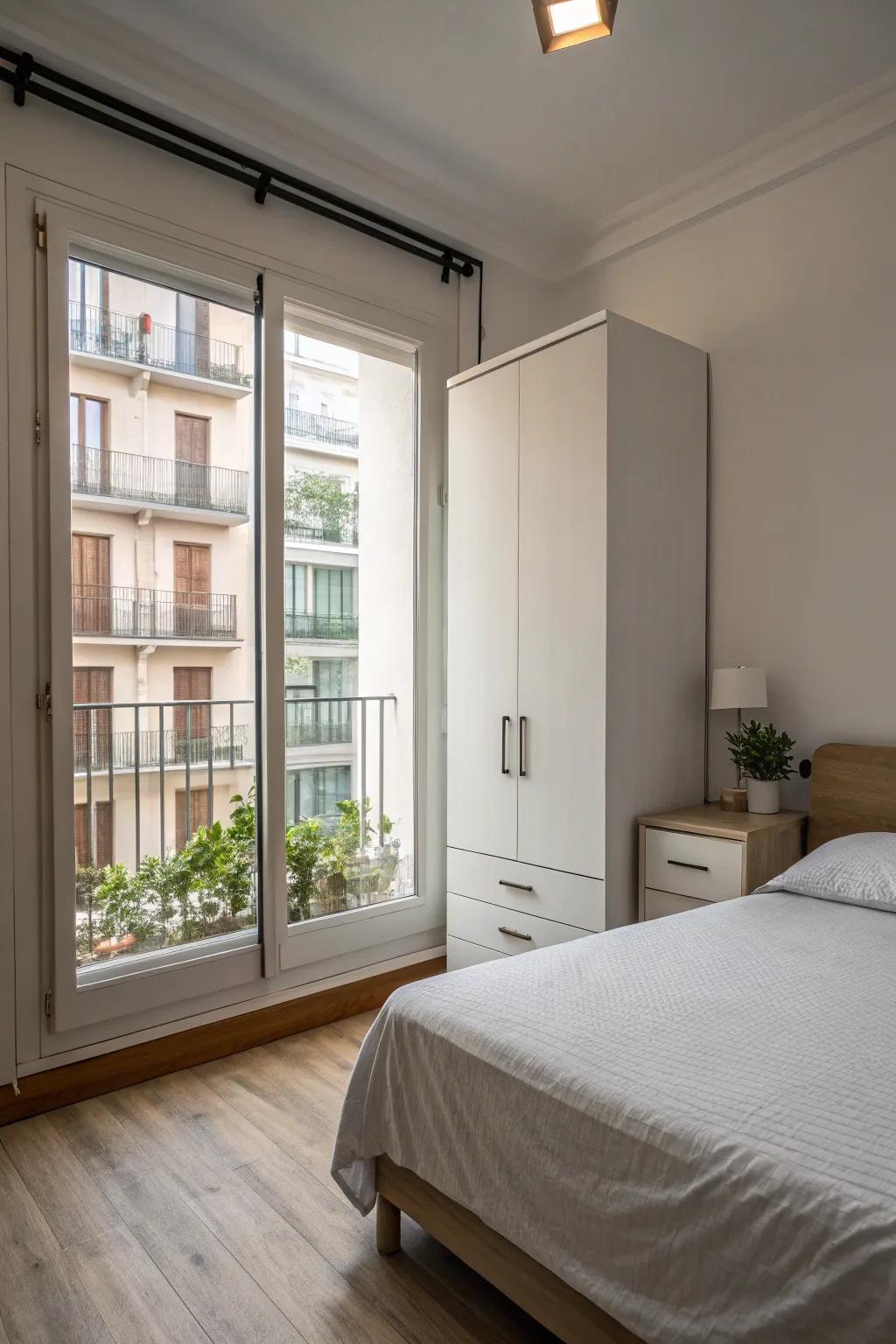 A streamlined bedroom design that leads to a peaceful balcony.