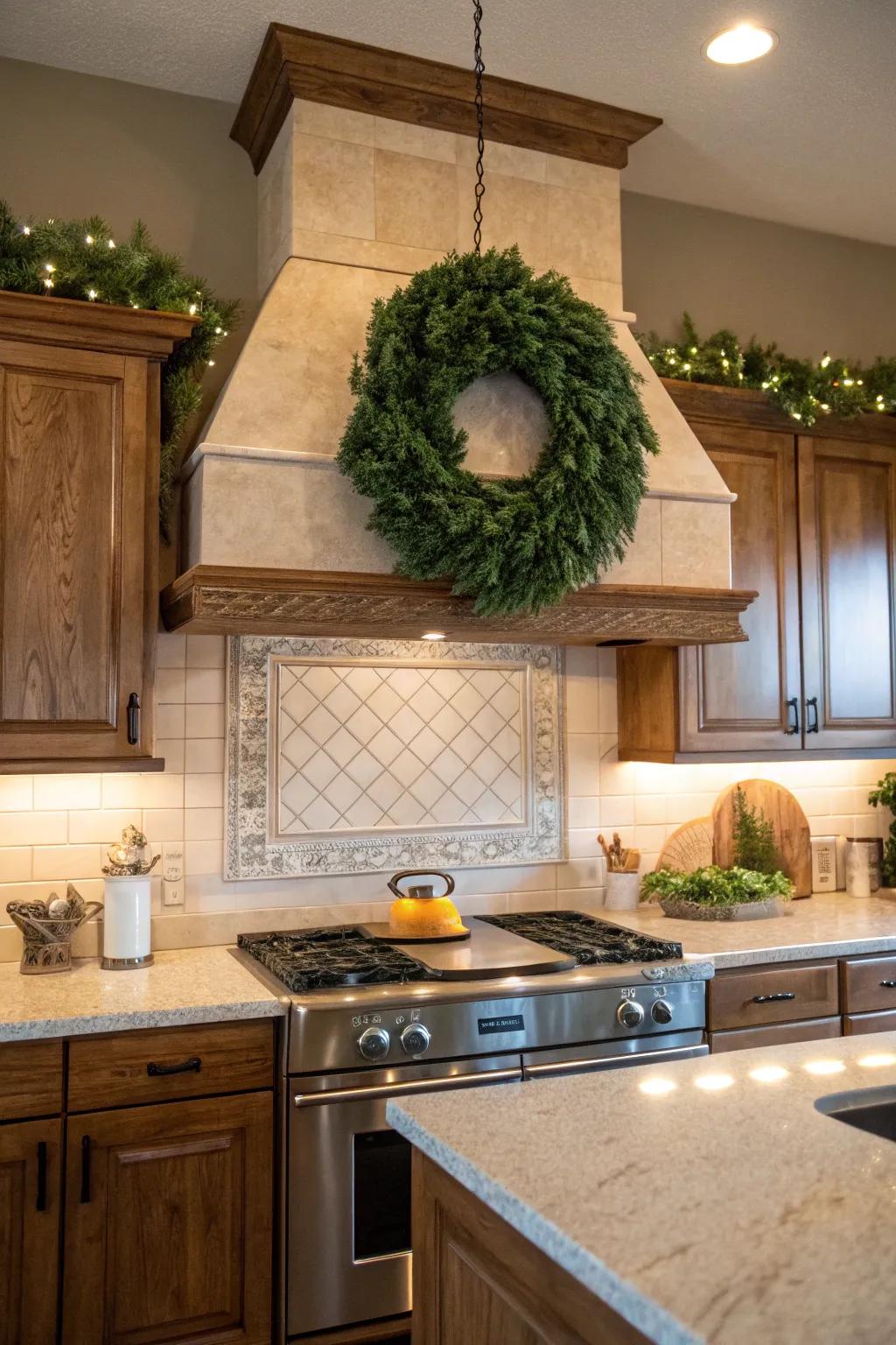 A green circlet brings a festive flair to the kitchen.