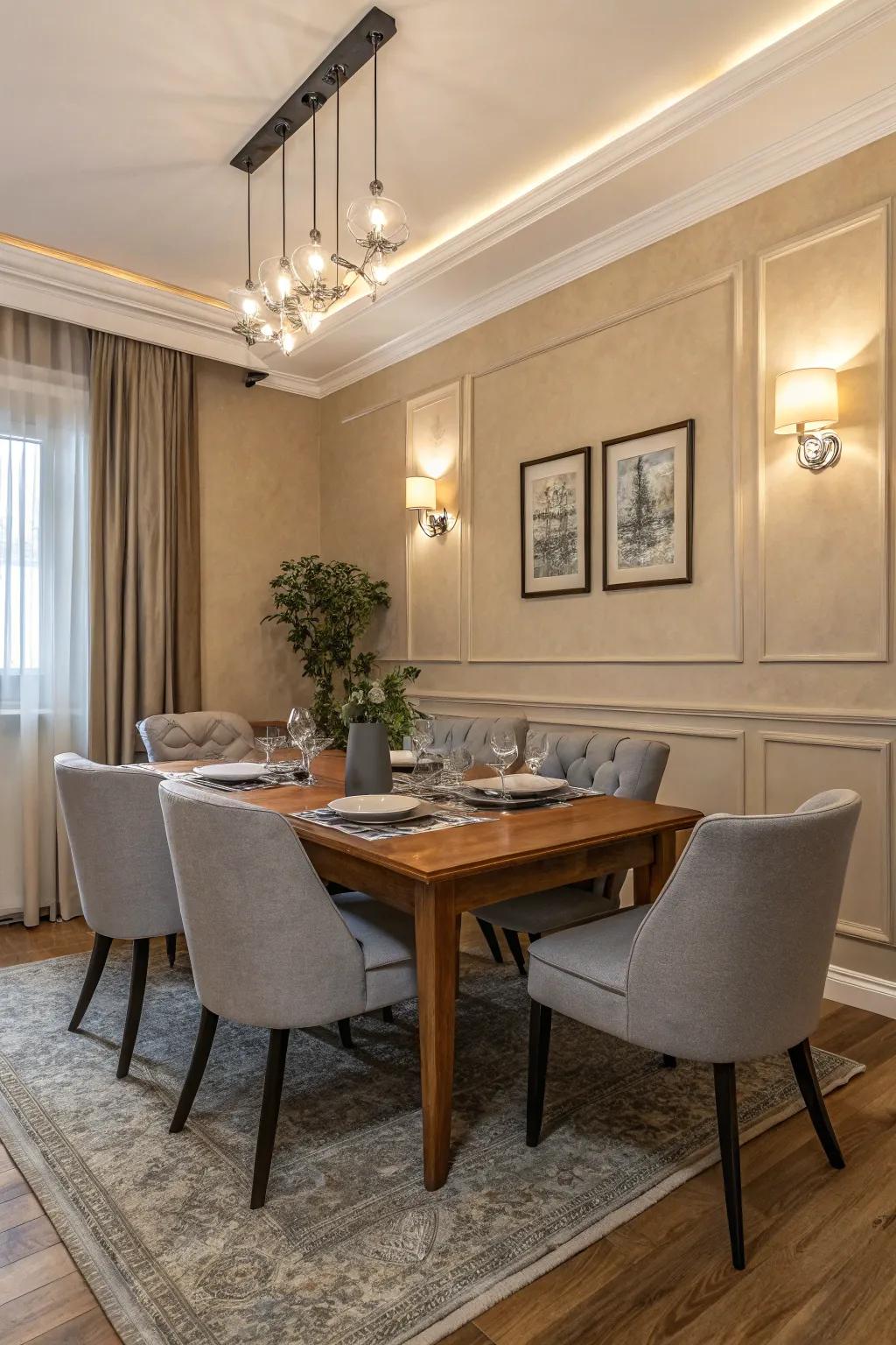 Neutral tones bring a soothing balance to this dining room.