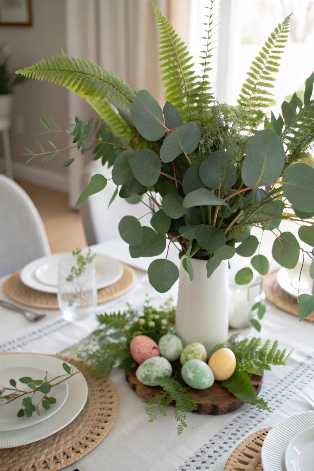 The fusion of eucalyptus and fern leaves creates a captivating natural table focal point.