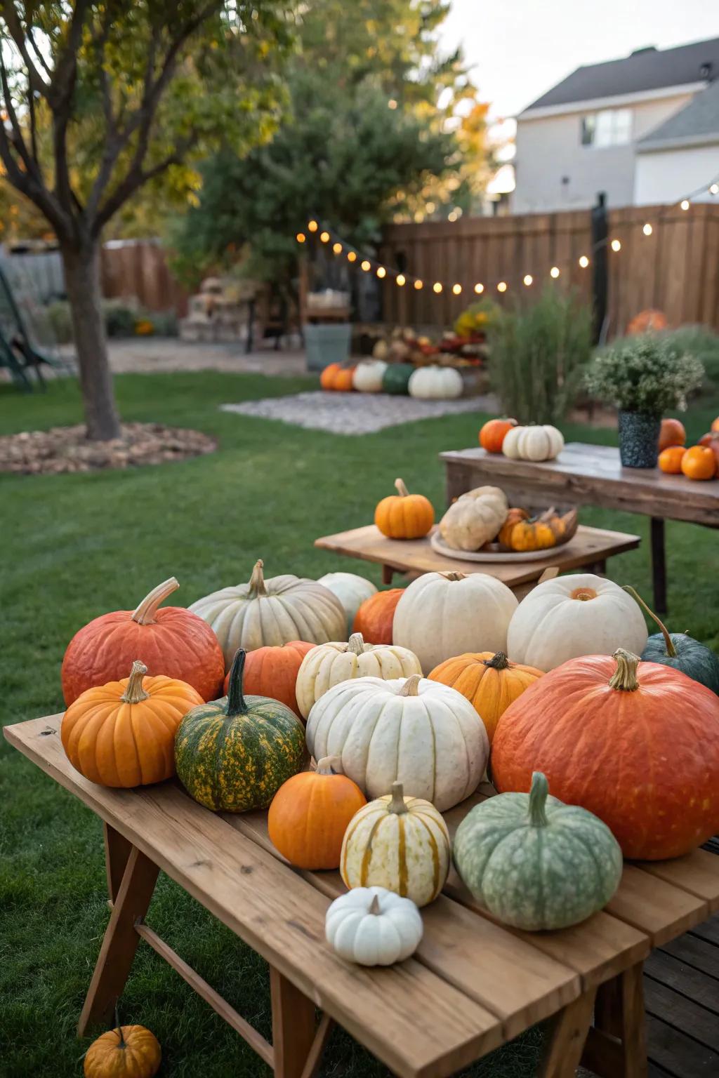 Vibrant gourds arrayed to produce a charming fall scene.