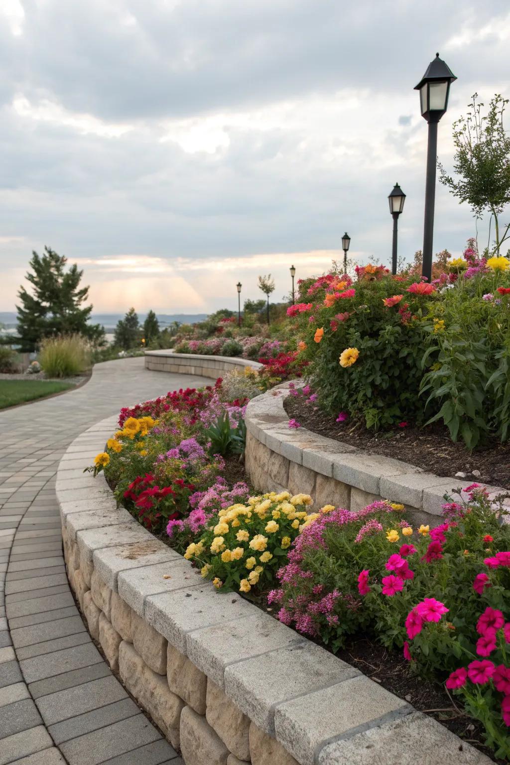 Curved stone edges give this flower bed a natural and flowing appearance.