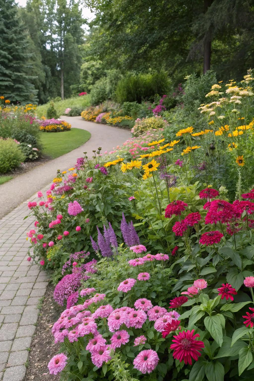 A vivid floral display showcasing a mix of perennials and annuals.