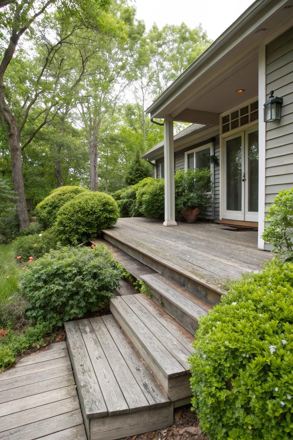 Simple wooden steps give a natural charm to the home's entrance.