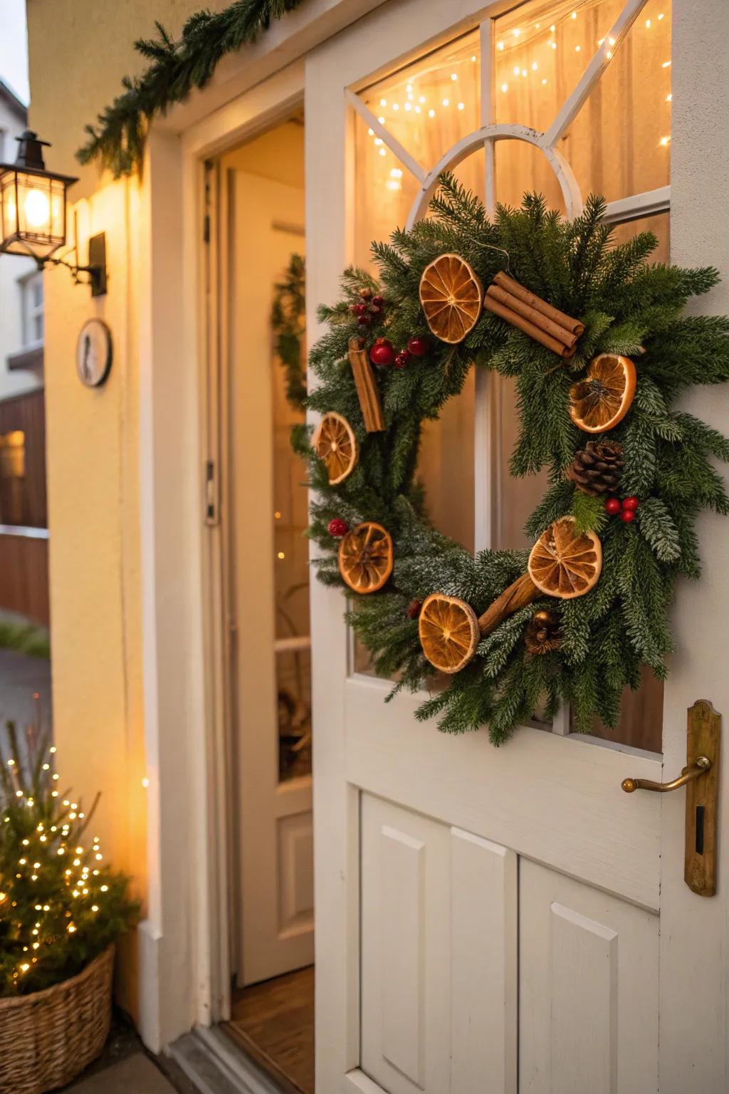 A personalized wreath featuring cinnamon and oranges brings a warm, inviting feel.