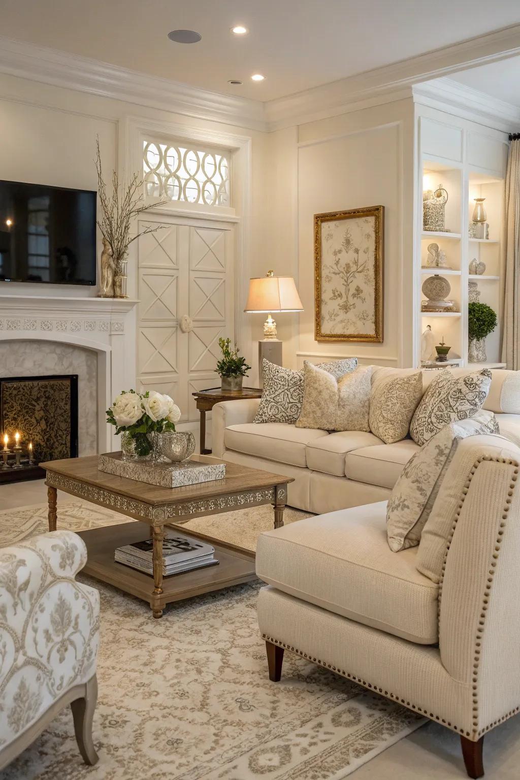 A neutral color scheme cultivates a calm and flexible living room ambiance.