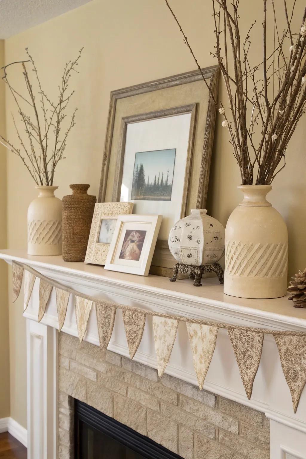 A neutral mantel scheme blends beautifully with the surrounding decor.