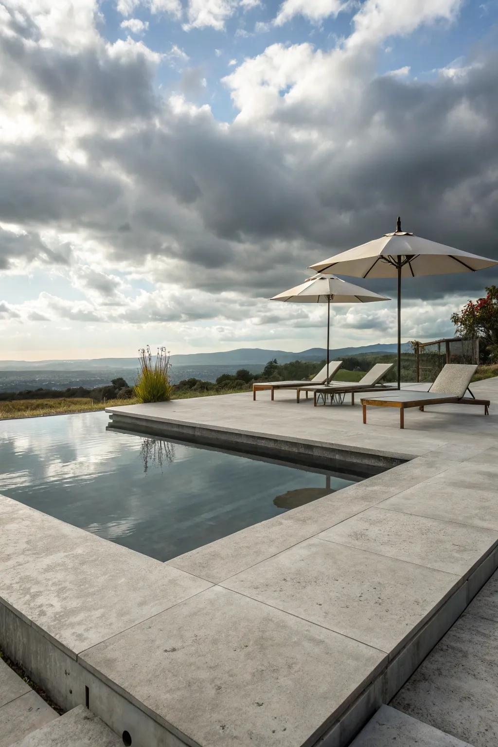 A minimalist pool deck providing a chic and sophisticated atmosphere.